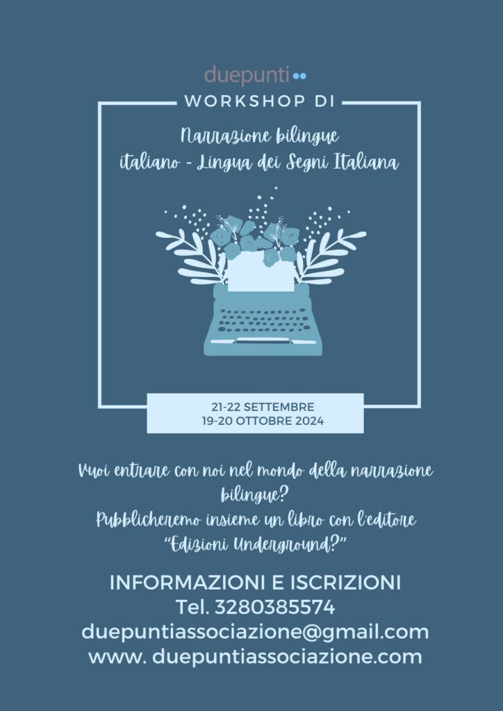 locandina workshop sui toni dell'azzurro. Una macchina da scrivere da cui esce un foglio e un mazzo di fiori azzurri a simboleggiare la potenza creatrice della scrittura creativa