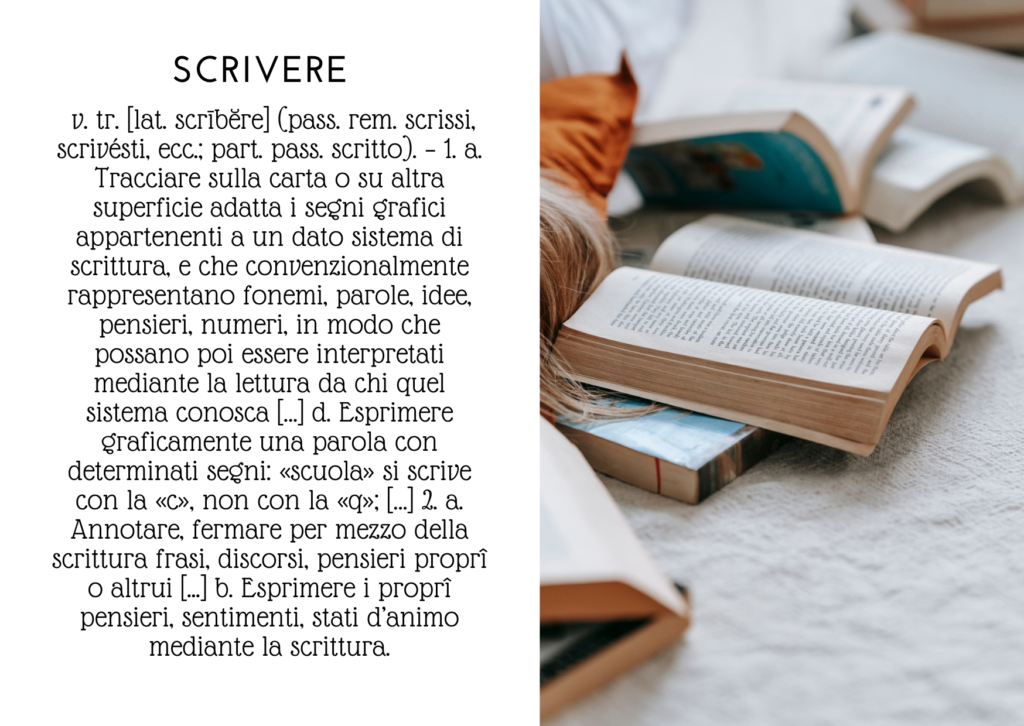 Cartolina per il workshop di narrazione bilingue LIS/italiano di Duepunti con a sinistra la definizione del verbo "scrivere" secondo Treccani e a destra la foto di alcuni libri