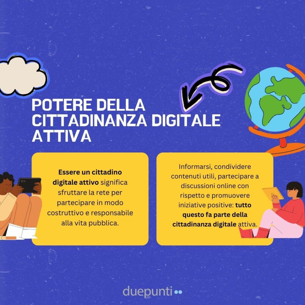 Slide sul potere della cittadinanza digitale attiva che riassume il paragrafo con lo stesso titolo. Stile grafico sui toni del blu e marroni, rosso mattone. Un mappamondo, e due ragazzi seduti che usano un tablet